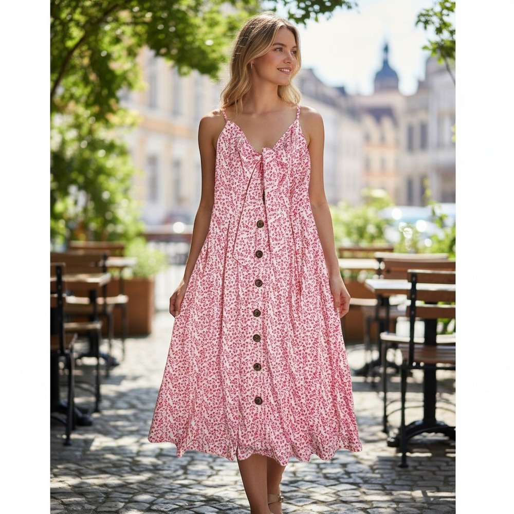 ECOWISH Pink Floral Tie Front Button Down Midi Dress Smocked Back Womens Medium